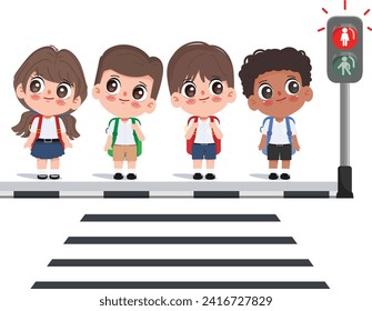 Cute cartoon children crossing the crosswalk by color traffic light.