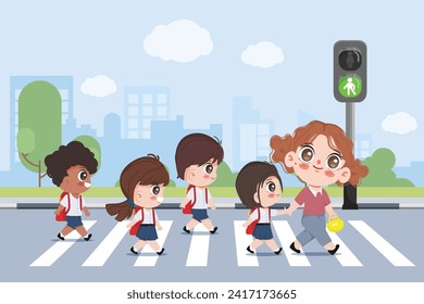 Cute cartoon children crossing the crosswalk by green color traffic light.