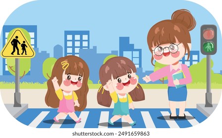 Cute cartoon children crossing the crosswalk by color traffic light.
