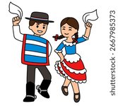 Cute cartoon children dancing Cueca, traditional dance in Chile. Boy and girl in national costumes celebrating Chilean holiday Dieciocho. Vector illustration.