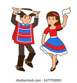 Cute cartoon children dancing Cueca, traditional dance in Chile. Boy and girl in national costumes celebrating Chilean holiday Dieciocho. Vector illustration.