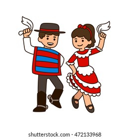 Cute cartoon children dancing Cueca, traditional dance in Chile. Boy and girl in national costumes with white handkerchiefs.