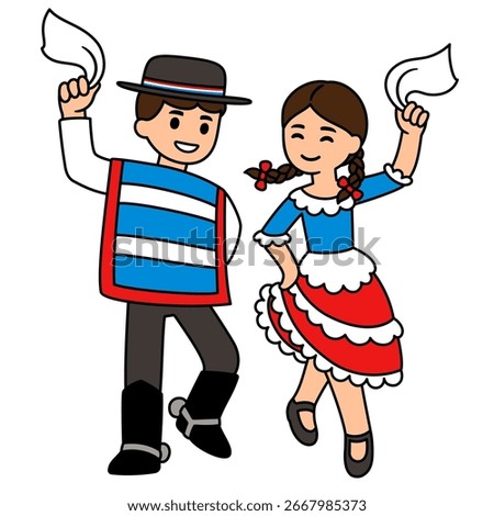 Cute cartoon children dancing Cueca, traditional dance in Chile. Boy and girl in national costumes celebrating Chilean holiday Dieciocho. Vector illustration.