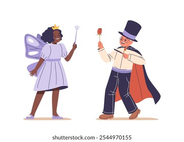 Niños Lindos De Dibujos Animados Vestidos Con Trajes De Carnaval Muestran Su Creatividad E Imaginación En Un Encantador Entorno Con Un Hada Con Una Varita Y Un Mago Con Una Rosa. Ilustración vectorial