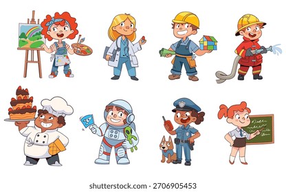 Cute cartoon children dressed as different professionals, including artist, doctor, builder, firefighter, chef, astronaut, police officer and teacher. Colorful job characters for kids. Illustration