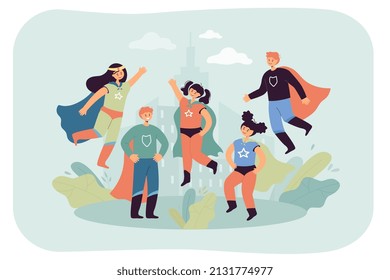 Cute cartoon children dressed as superheroes. Young characters or kids in super costumes of heroes flat vector illustration. Childhood, carnival concept for banner, website design or landing web page