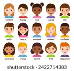 Cute cartoon children faces with different emotions. Facial expressions, feelings and mental states. Diverse little kids vector illustration set.