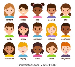 Cute cartoon children faces with different emotions. Facial expressions, feelings and mental states. Diverse little kids vector illustration set.