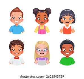 Cute cartoon children faces of different ethnicities boys and girls. Vector illustration collection isolated on white background.