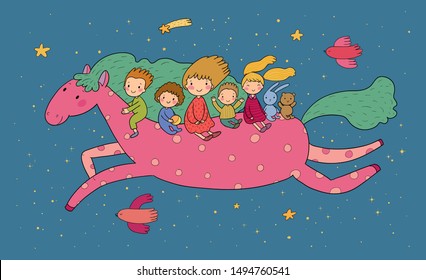 Cute cartoon children are flying on a magic horse. Children's party birthday greeting card.