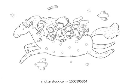 Cute cartoon children are flying on a magic horse. Children's party birthday greeting card.