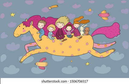 Cute cartoon children are flying on a magic horse. Children's party birthday greeting card.