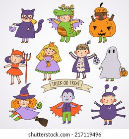 Cute cartoon children in Halloween costumes: Princess, ghost, pumpkin, spider, dragon, devil, witch, vampire, cat