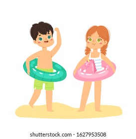 Cute cartoon children have fun and jumping on the beach. Boy and girl with inflatable rubber circles on vacation. Happy kids having fun in the summer time, swimming pool party. Vector illustration