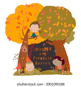 Cute Cartoon Children having fun in Autumn Forest