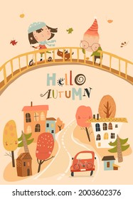 Cute Cartoon Children having fun and meeting Autumn