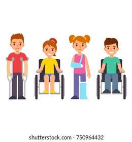 Cute cartoon children with injury and trauma. Boys and girls with crutches and wheelchair. Special needs and disability kids vector illustration.