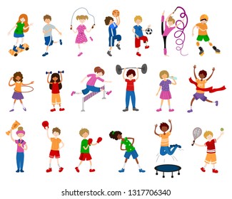 Cute cartoon children or kids, girls and boys, play sports or train. Ball game, gymnastics, athletic, skateboarding. Vector set of characters on white background. Flat and noises