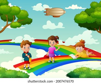 Cute cartoon the children on the rainbow illustration