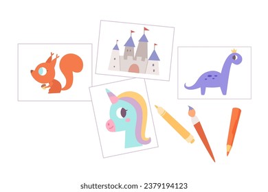 Cute cartoon children pictures painting by them at school or at home. Squirrel, dinosaur, castle, unicorn. Kids art. Learning, enjoy, education, playing concept. Funny flat vector illustration set.