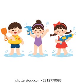 Cute cartoon children playing at the pool with swimwear and water toys children swimming