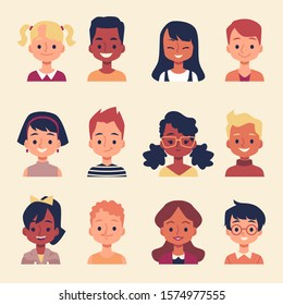 Cute cartoon children portrait set -different diverse group of boys and girls smiling on camera. Flat isolated icon collection - vector illustration.