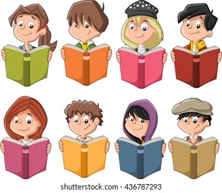 Cute cartoon children reading books. Students.
