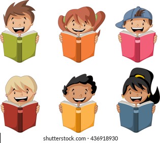 Cute cartoon children reading books. Students.
