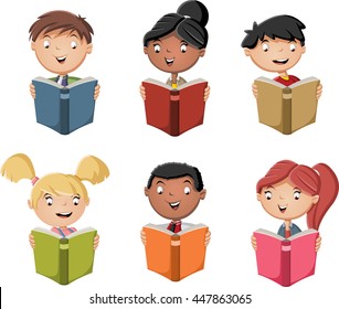 Cute cartoon children reading books. Students.