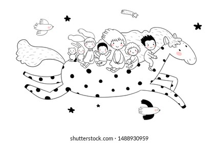 Cute cartoon children ride a horse. Cheerful pony. Kindergarten