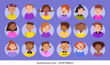 Cute cartoon children. Set of diverse portrait avatars. Bundle of smiling faces of boys and girls. Diverse multiethnic children avatars. Colorful isolated icon collection. Vector flat illustration.