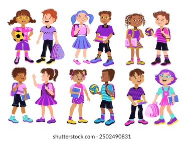 Cute cartoon children. Set of schoolchildren ready to back to school. Bundle of boys and girls with backpacks and books. Diverse multiethnic colorful students. Vector flat illustration.