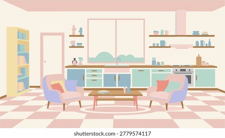 Cute cartoon children sitting at kitchen island with modern appliances and wooden bar stools
