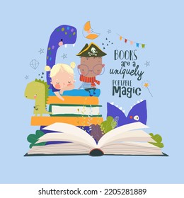 Cute Cartoon Children sitting on Stack of Books among Fairytale Monsters. Vector Illustration