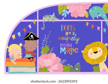 Cute Cartoon Children sitting on Stack of Books on the Window. Vector Illustration