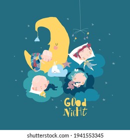 Cute cartoon children sleeping on clouds. Sweet dreams