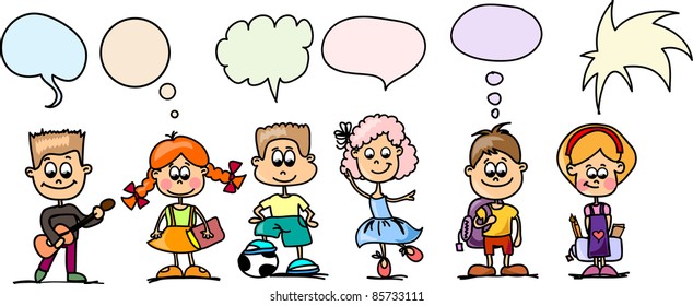 cute cartoon children with speaking bubbles