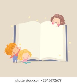 Cute Cartoon Children standing near Big Book