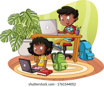 Cute cartoon children studying with computers. Teenager students.