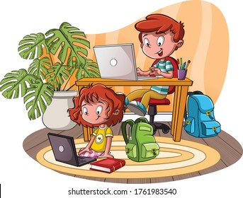Cute cartoon children studying with computers. Teenager students.