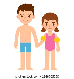 Cute cartoon children in swimsuits, boy holding hand of little sister with floaties. Family on summer vacation vector illustration.