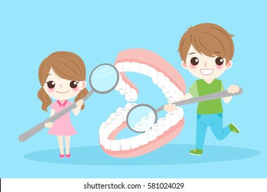 cute cartoon children take mirror and check tooth