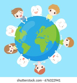 cute cartoon children with tooth on the earth
