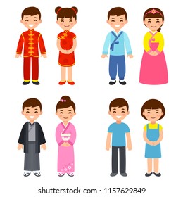 Cute cartoon children in traditional costumes of Asian countries: China, Korea and Japan, and everyday clothes. Vector clip art illustration.