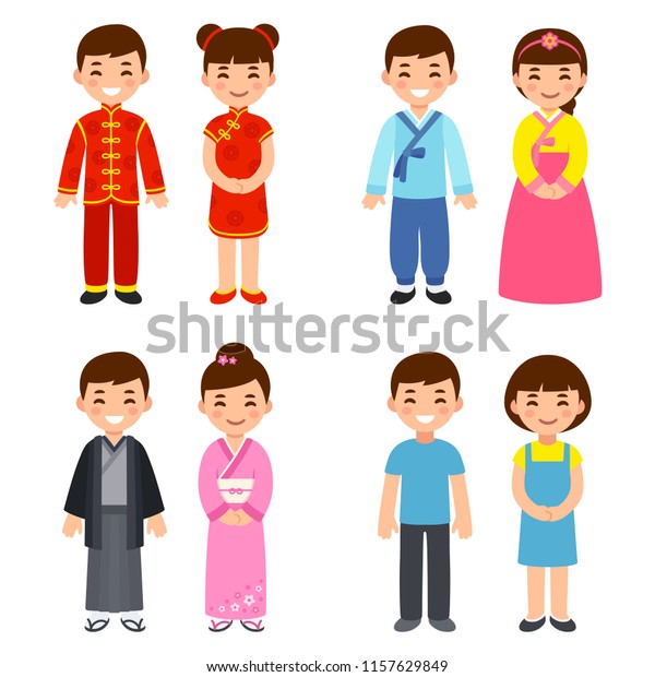 Cute Cartoon Children Traditional Costumes Asian Stock Vector (Royalty ...