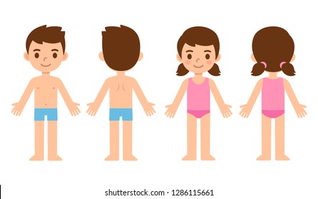Cute cartoon children in underwear, boy and girl from front and back. Education infographic template, body parts and medical graphics. Isolated vector illustration.