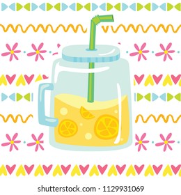 Cute cartoon children vector illustration with tasty sweet lemonade juice in jar on cute hand drawn ornament. Trendy summer drink