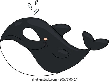 Cute cartoon children's character killer whale with a fountain of spray. The black whale. A resident of the northern seas and oceans. Underwater world. Marine animals. Vector illustration