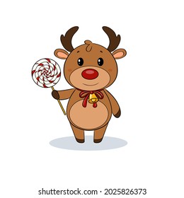 Cute cartoon children's character. Santa Claus ' Christmas reindeer. Elk deer sled with red nose horns and hooves sweet candy red ribbon and bell. Herbivore. Winter holiday. New Year Symbol Vector