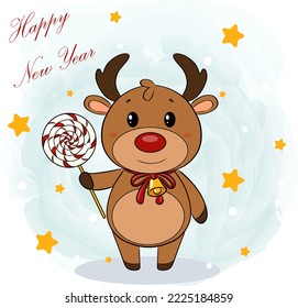 Cute cartoon children's character. Santa Claus ' Christmas reindeer. Elk deer sled with red nose horns and hooves sweet candy red ribbon and bell. Herbivore. Winter holiday. New Year Symbol Vector